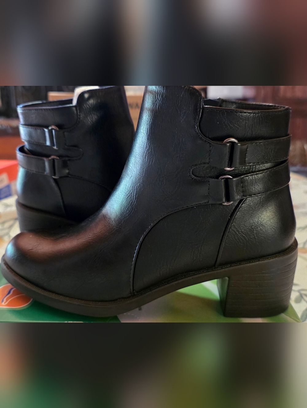 easy street Black Faux Leather Ankle Booties with Double Buckle